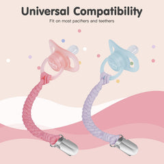 Boukipow universal-fit clip demonstrates secure attachment to various pacifiers.
