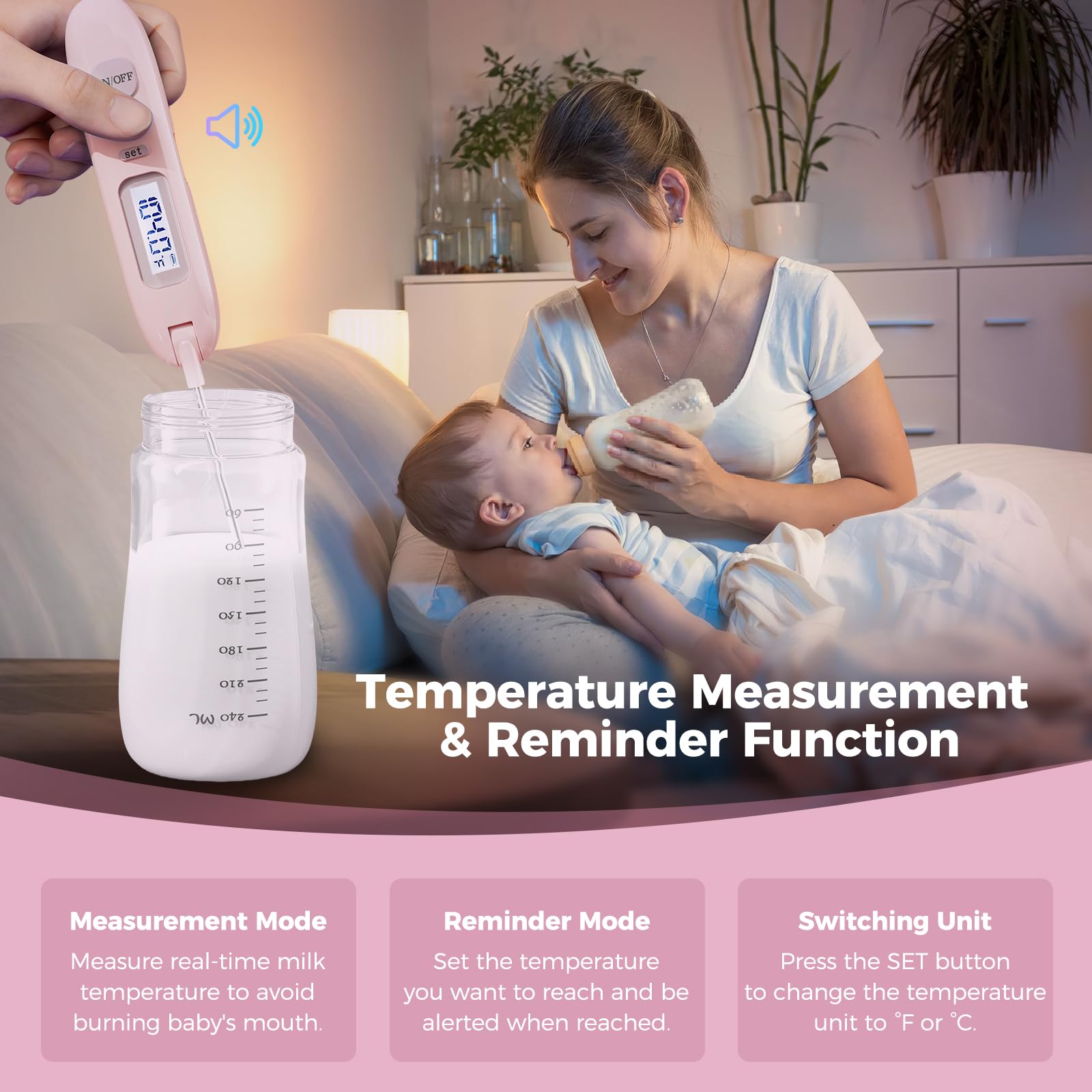 Boutarzy thermometer display clarifies water temp for comfortable feeding preparation.