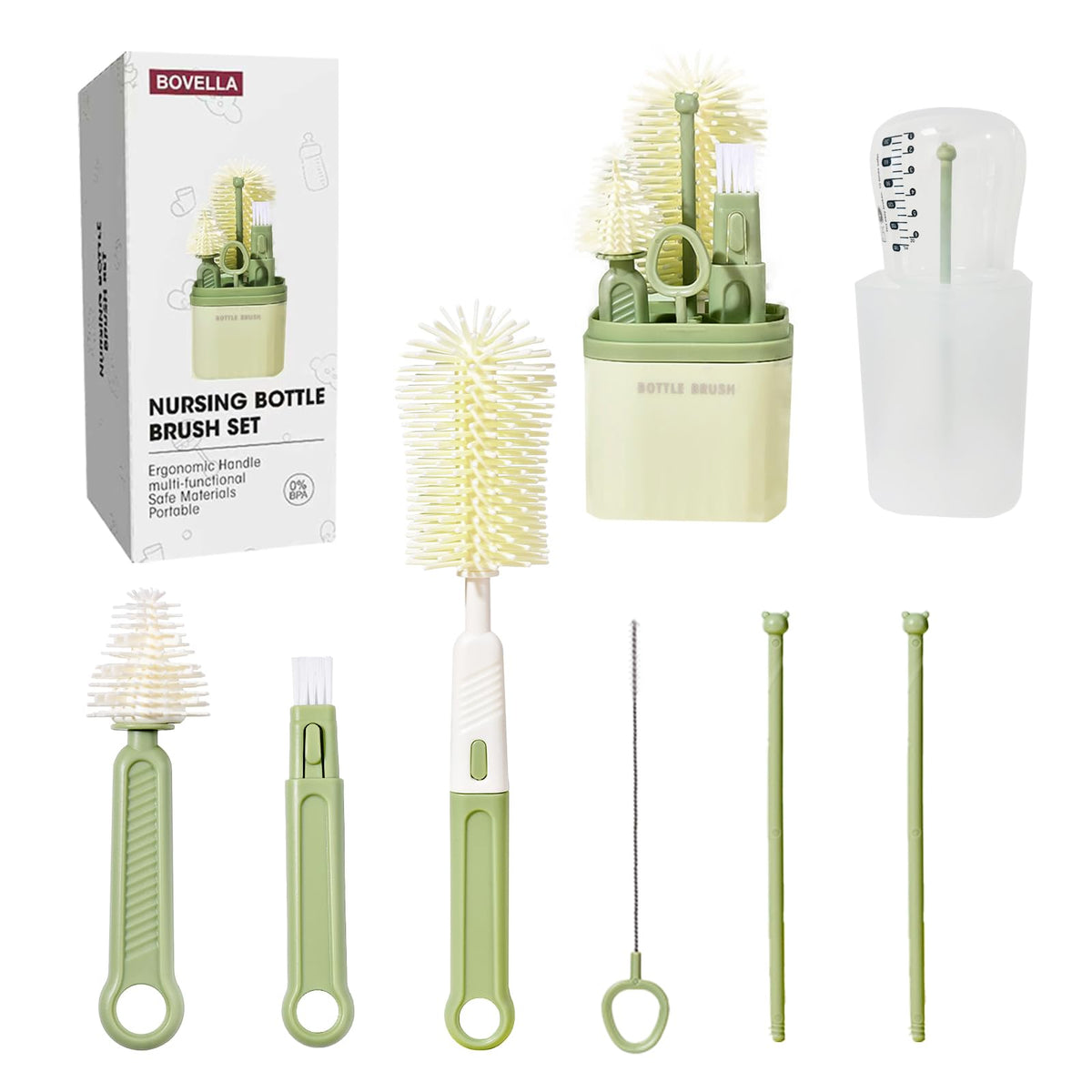 BOVELLA 6-in-1 baby bottle brush set for organized travel cleaning.