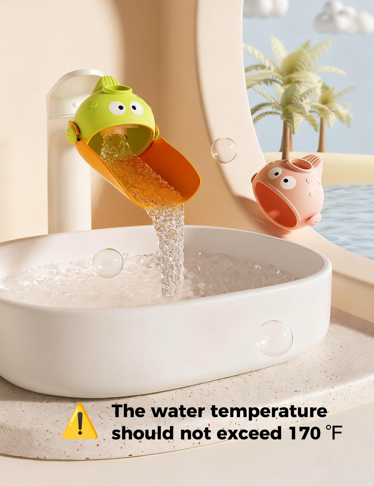 BOVELLA faucet extender 2-pack in use at two sinks for kids