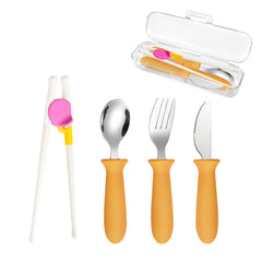 BOVELLA toddler utensils set with spoon, fork, knife for independent self-feeding.