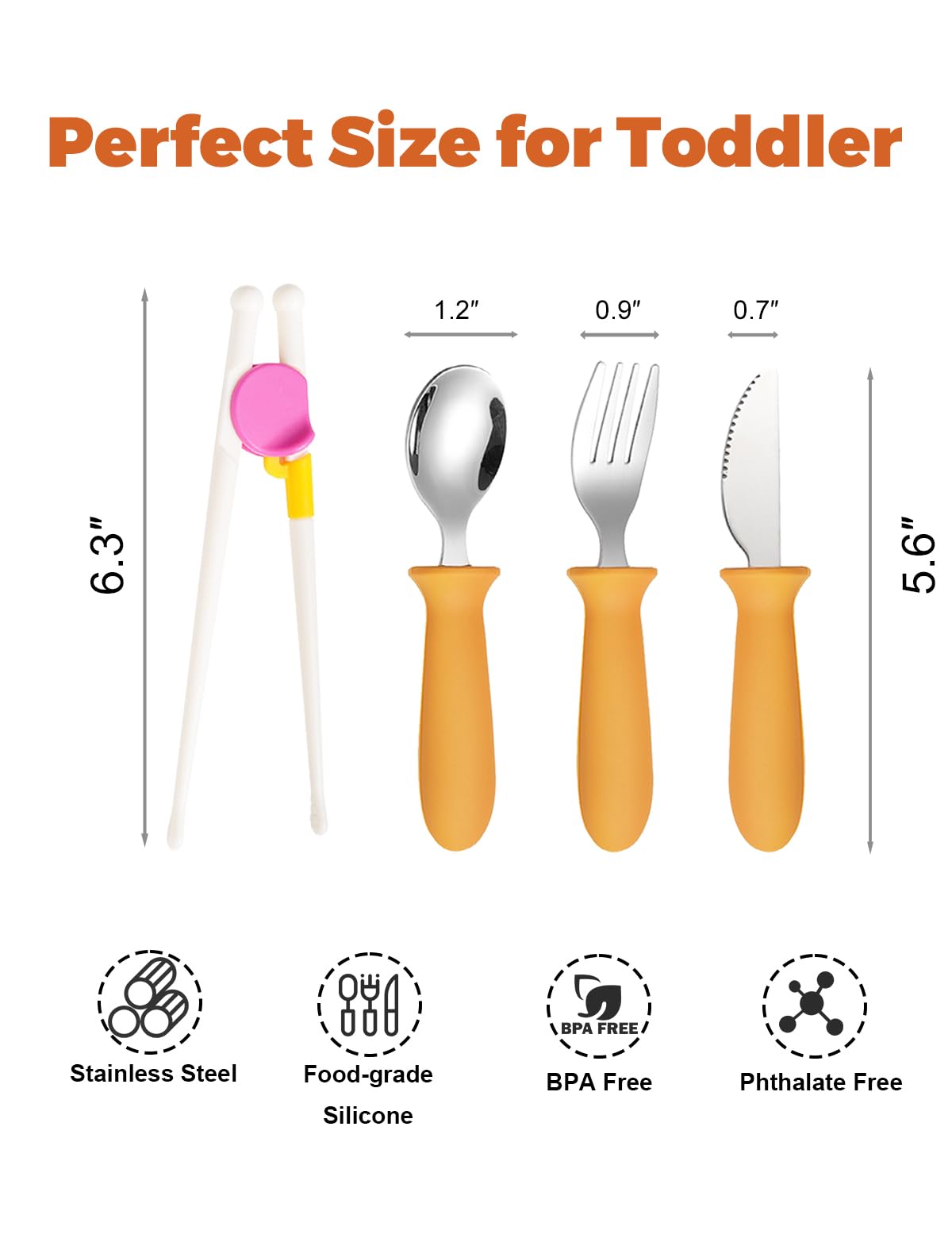 BOVELLA silicone-handled spoon and fork close-up for comfortable grip.