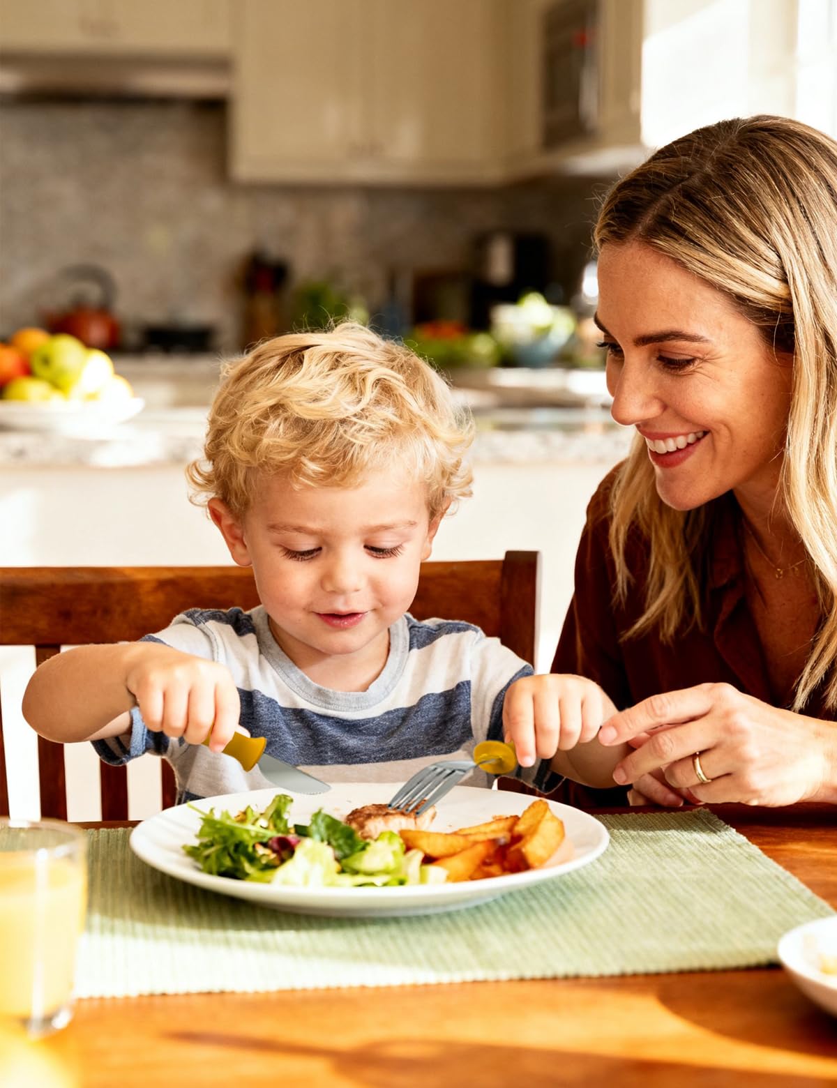 BOVELLA stainless steel toddler utensils set designed for durability and growth.