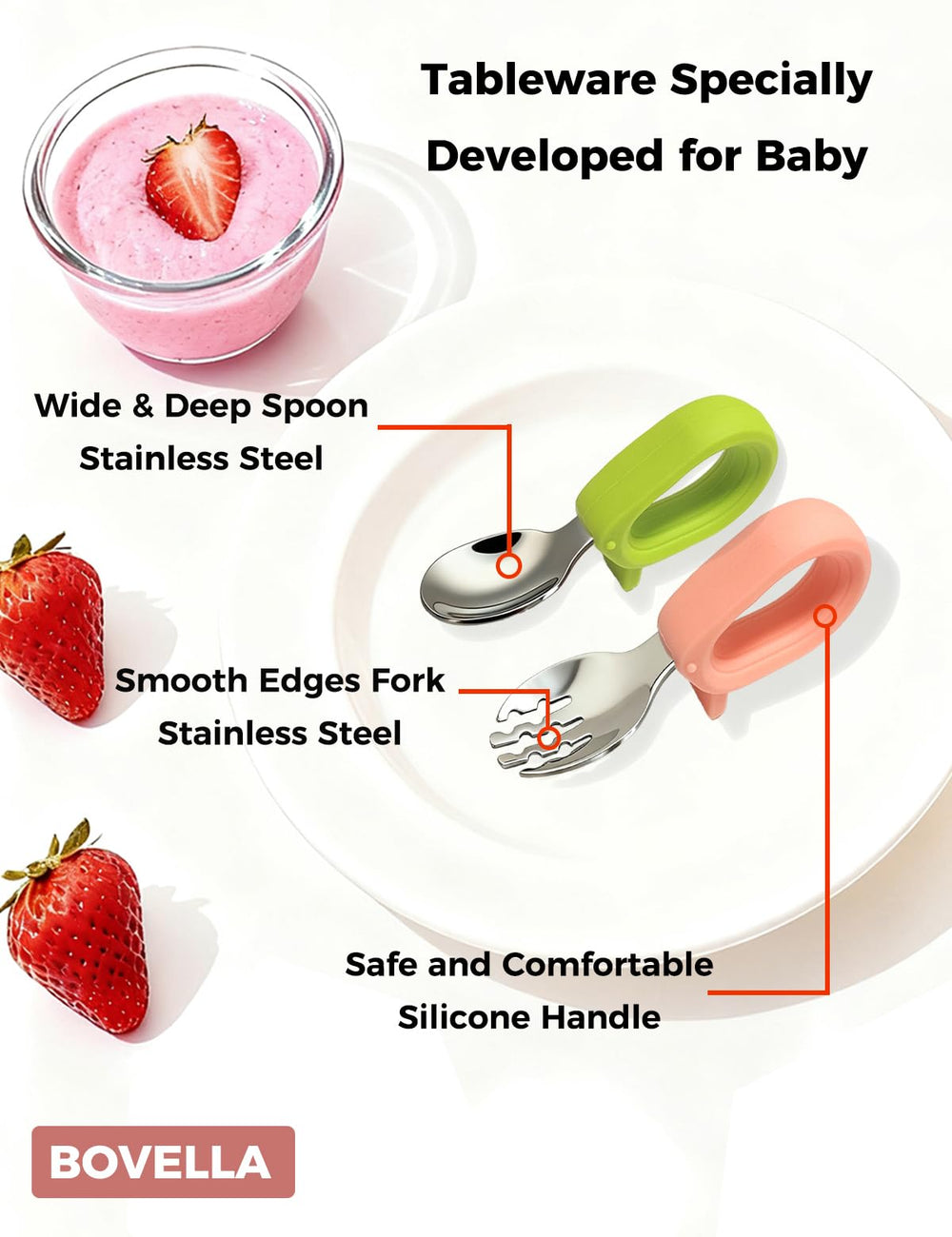 BOVELLA toddler-utensils-stainless-steel construction highlights durability and safety.