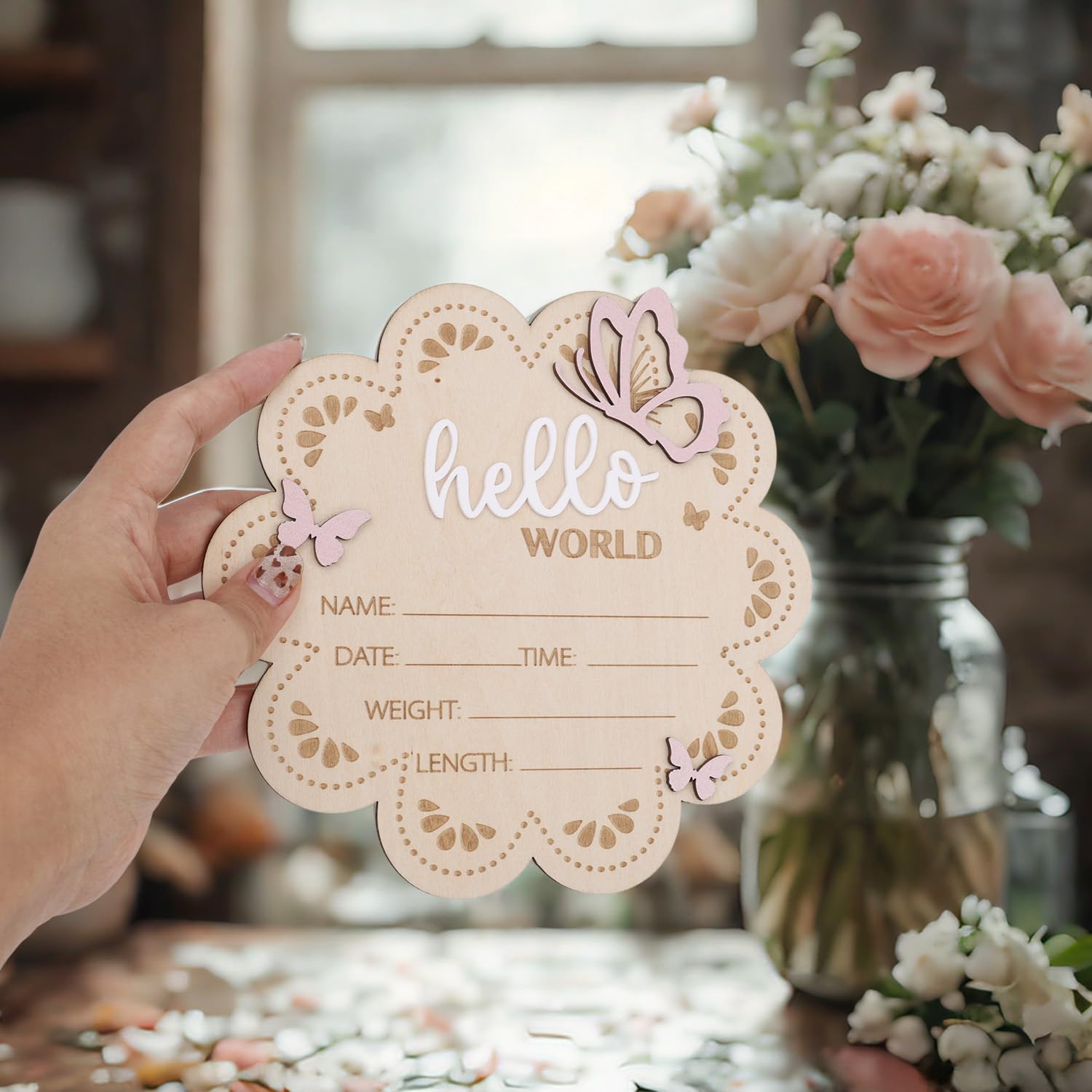 BOXOB newborn welcome sign in wood boosts baby shower and nursery ambiance.