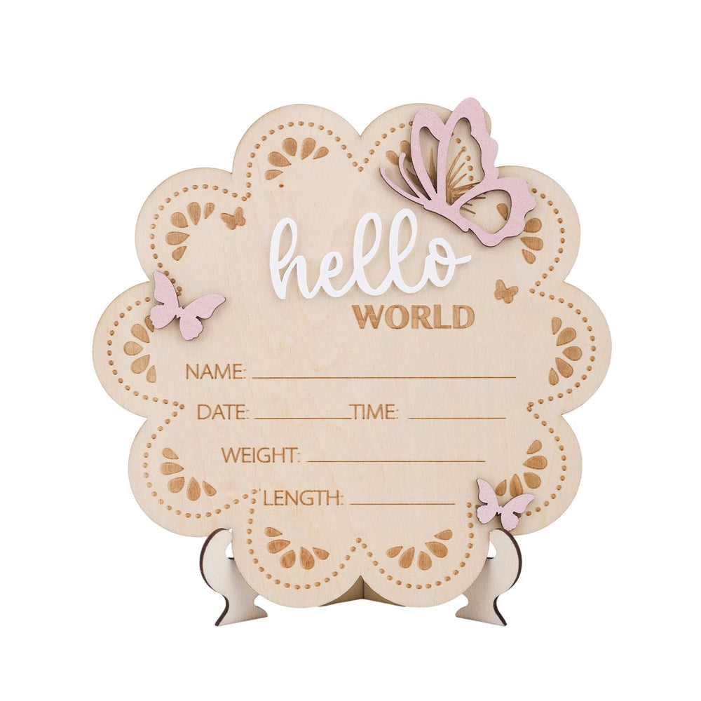 BOXOB wooden baby announcement sign with butterfly pattern enhances nursery decor and keepsakes.