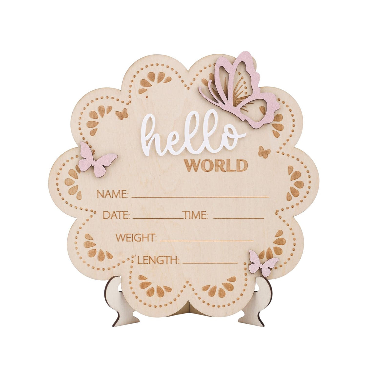 BOXOB wooden baby announcement sign with butterfly pattern enhances nursery decor and keepsakes.