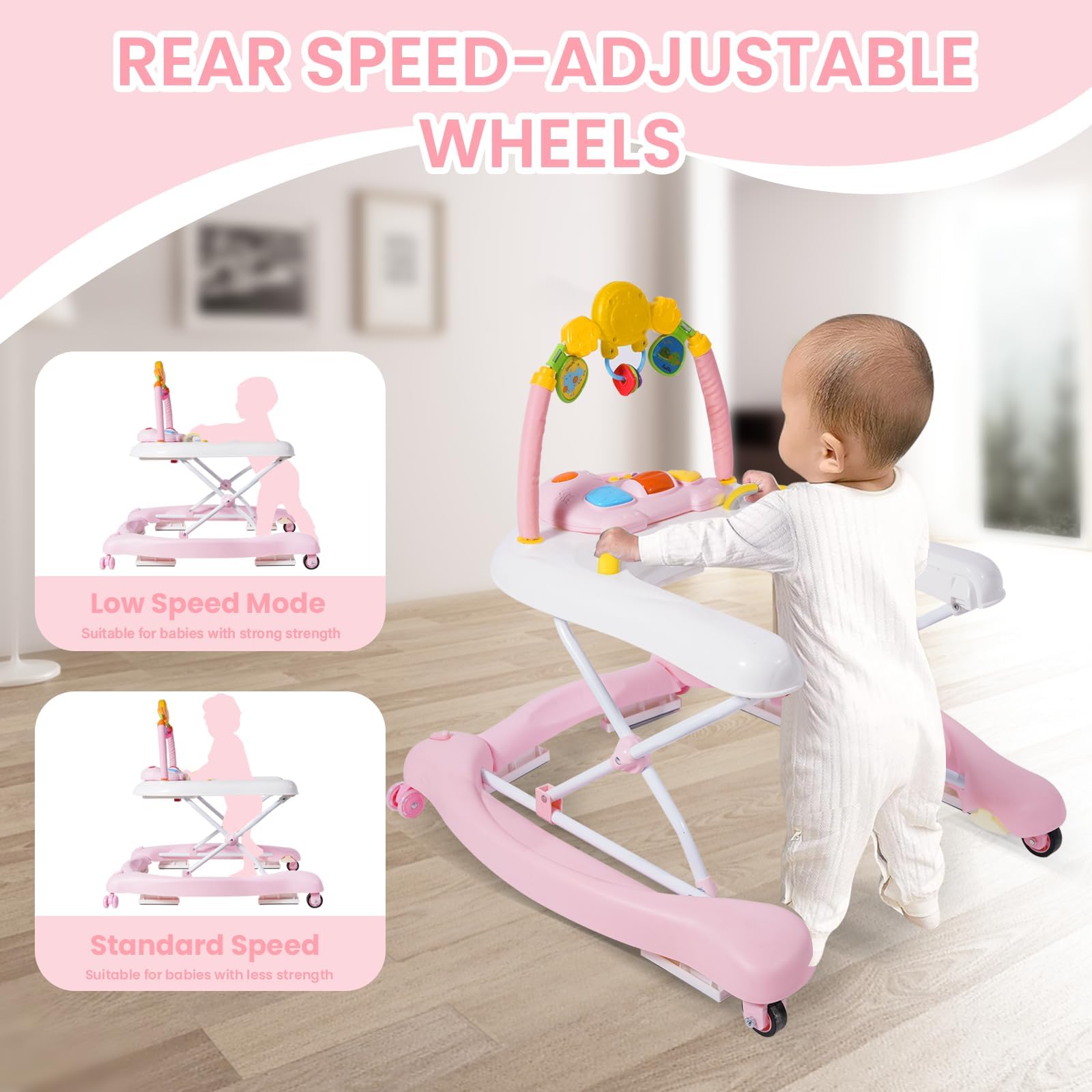 Boyro Baby 5-in-1 walker in action with bounce mode and toy music.