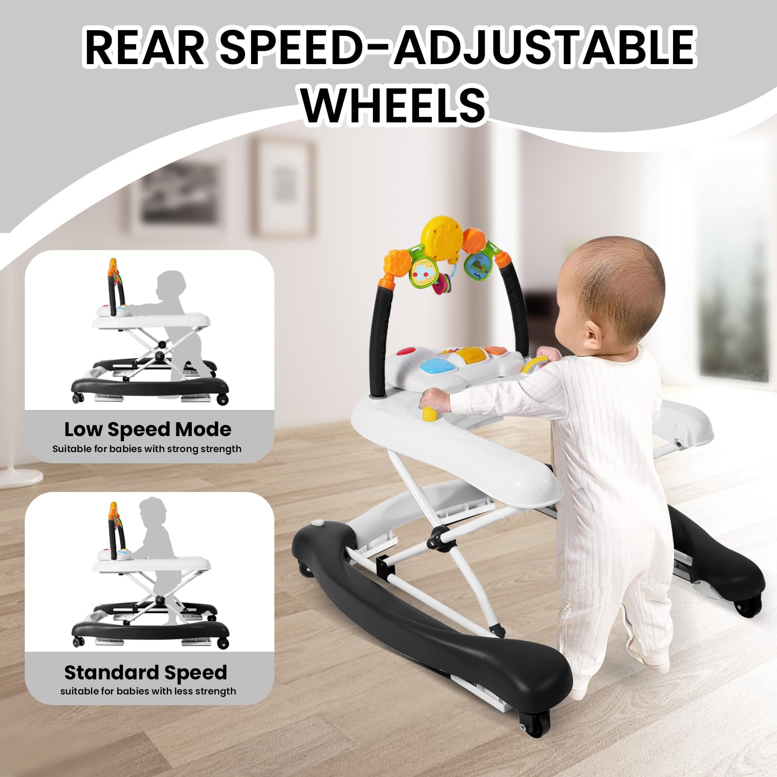 Boyro Baby Walker with music and toys stimulates senses during play.