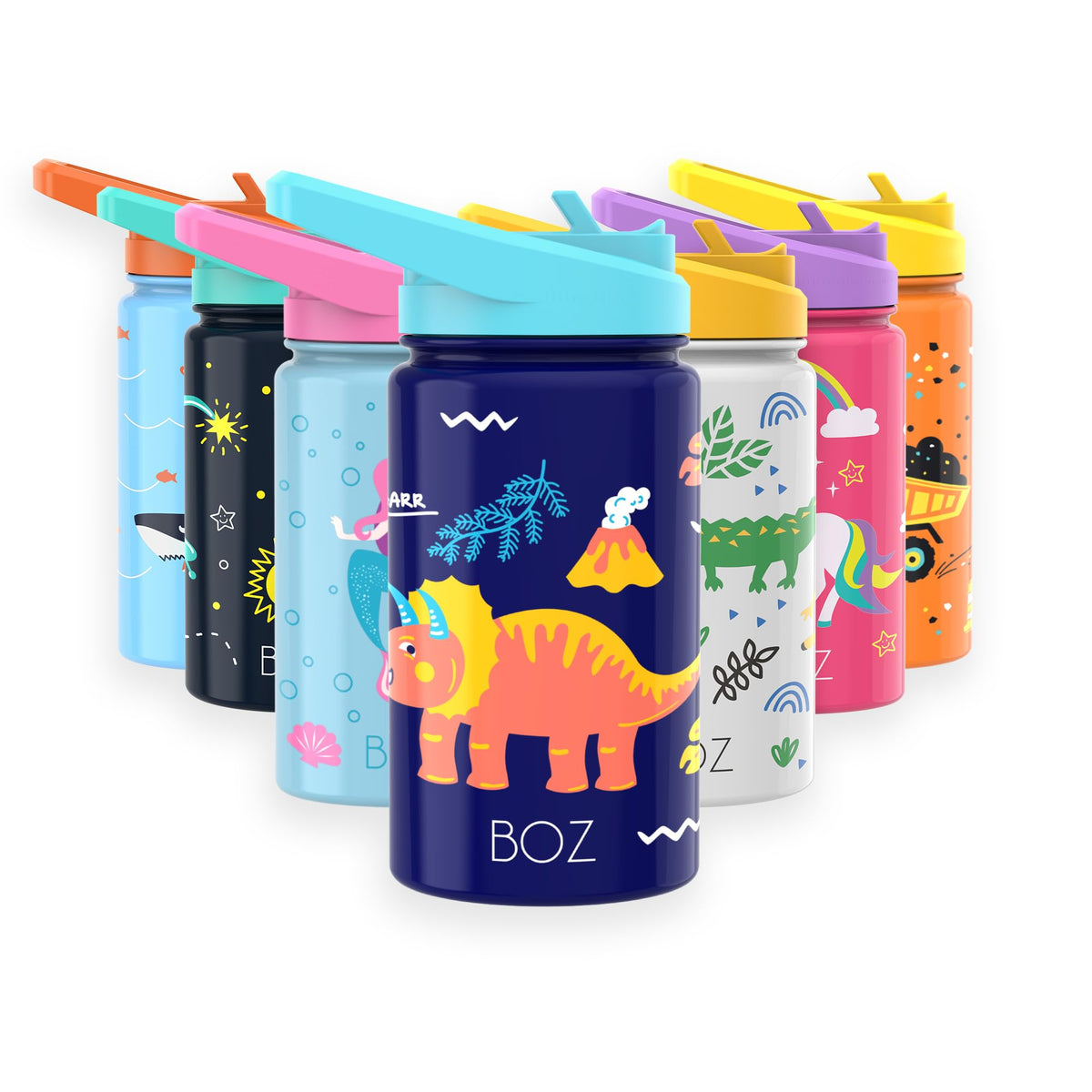 BOZ Kids Water Bottle dinosaur front view promotes school hydration with fun print