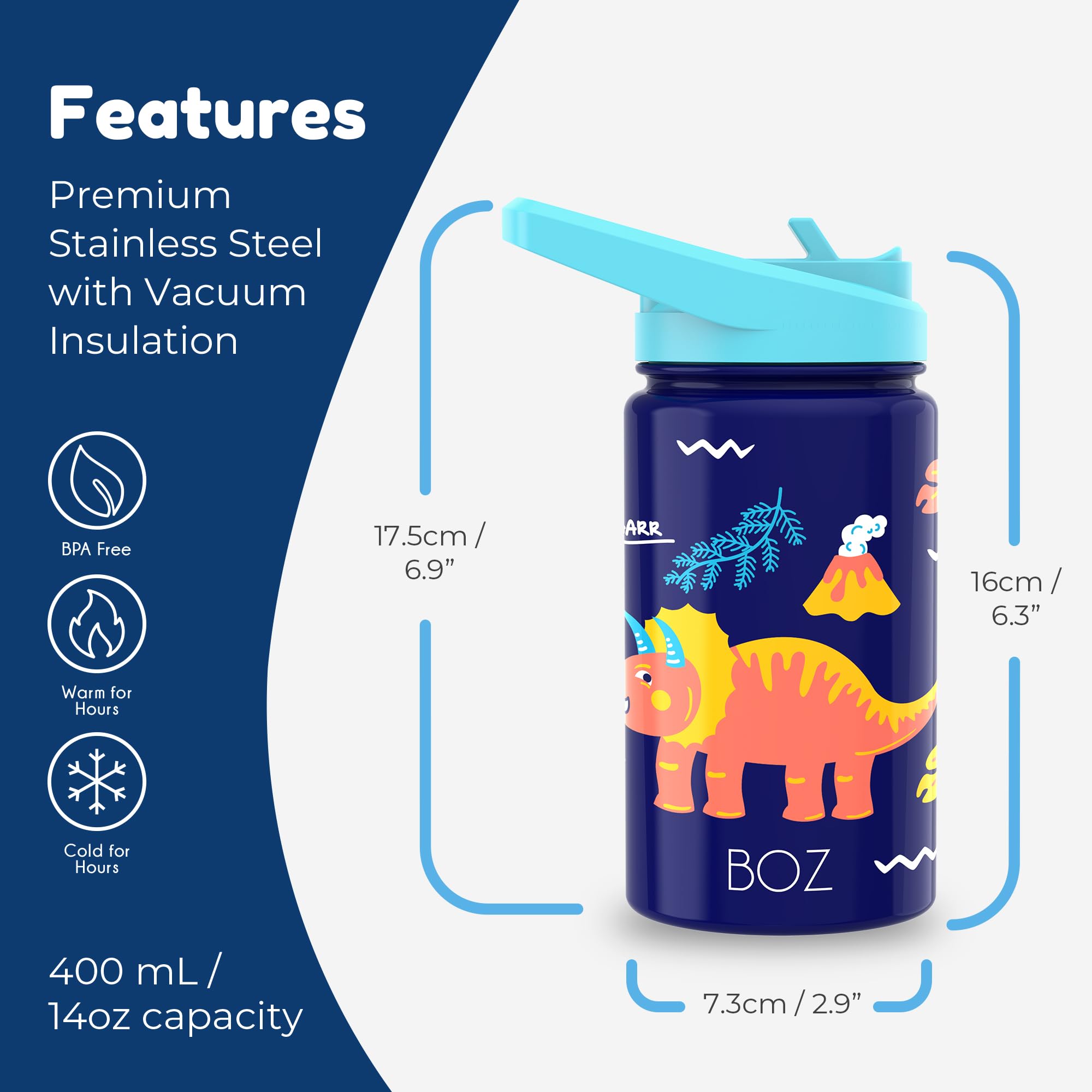 BOZ Kids Water Bottle straw-lid-open highlights easy sipping on the go