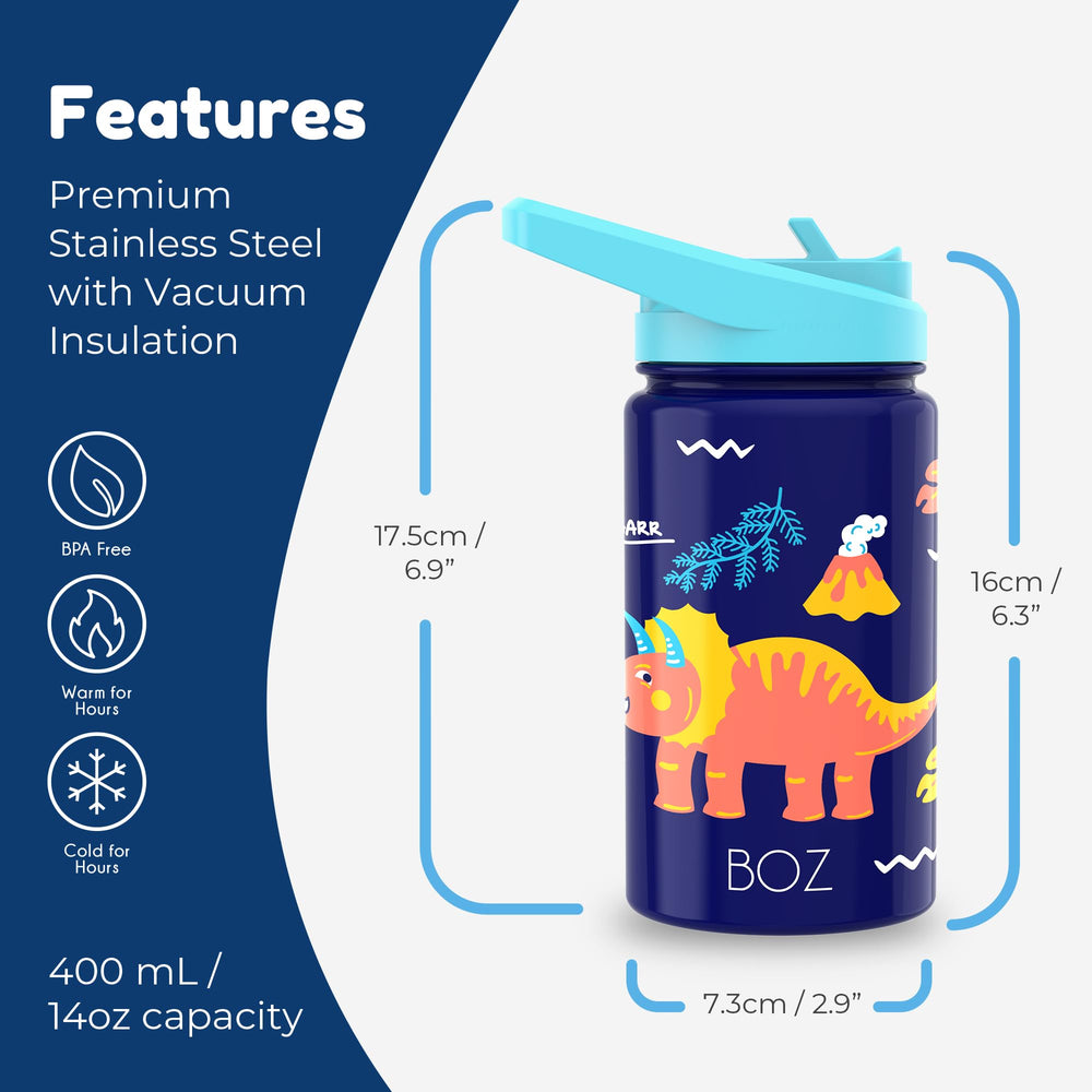BOZ Kids Water Bottle straw-lid-open highlights easy sipping on the go