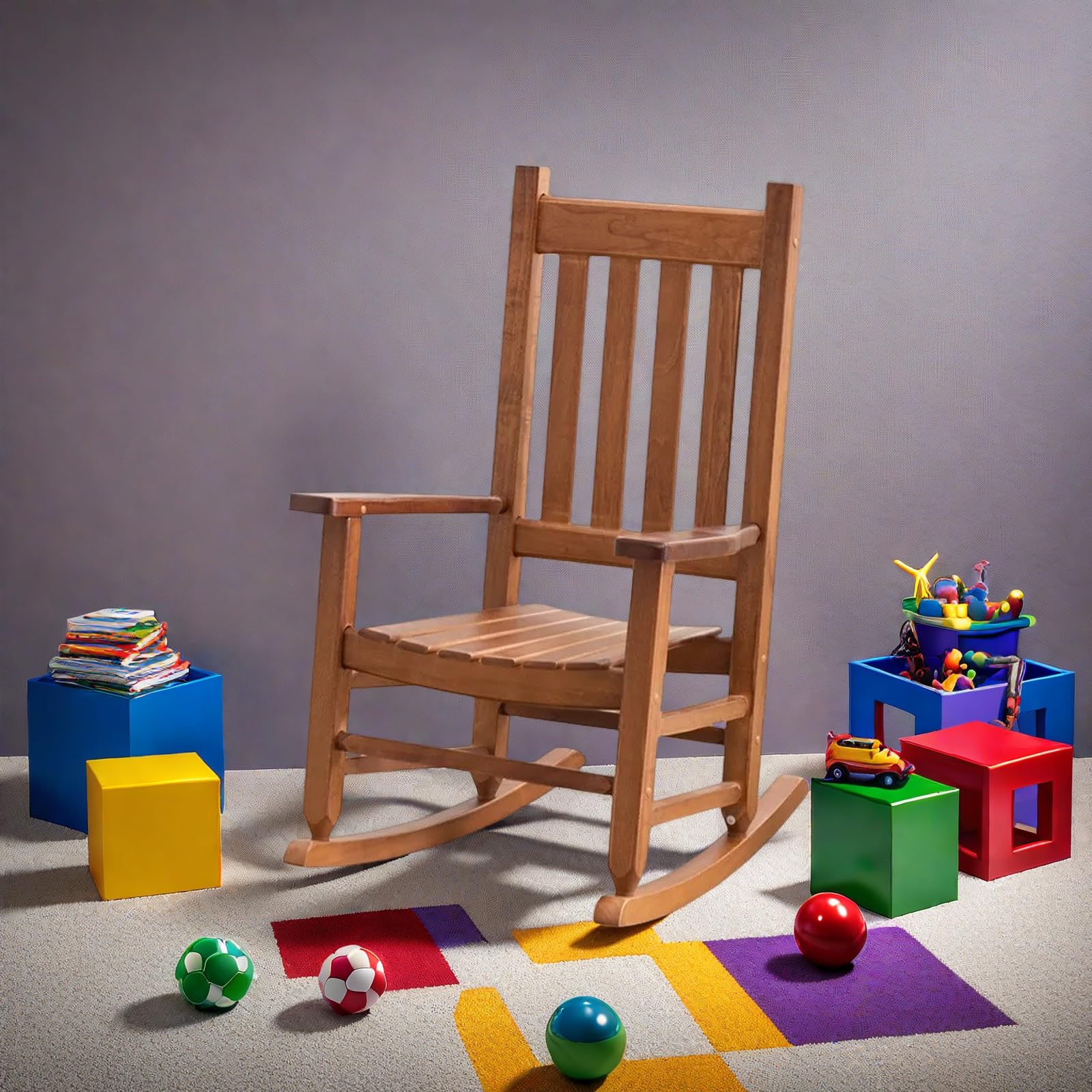 BplusZ kid rocking chair side view in brown highlighting ergonomic high back.