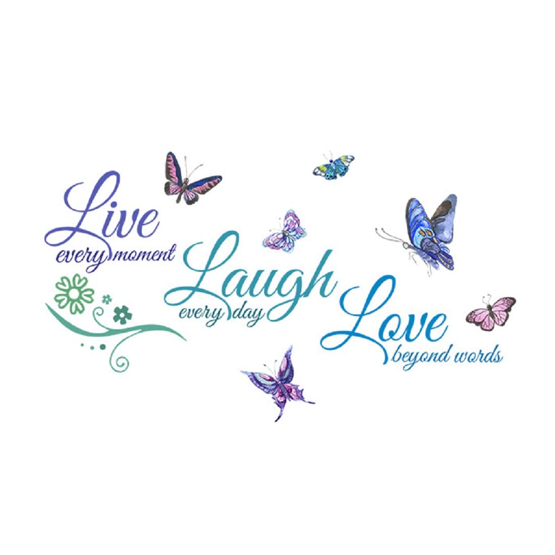 BPNHNA Live Laugh Love blue decal with butterflies enhances living room mood.