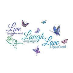 BPNHNA Live Laugh Love blue decal with butterflies enhances living room mood.