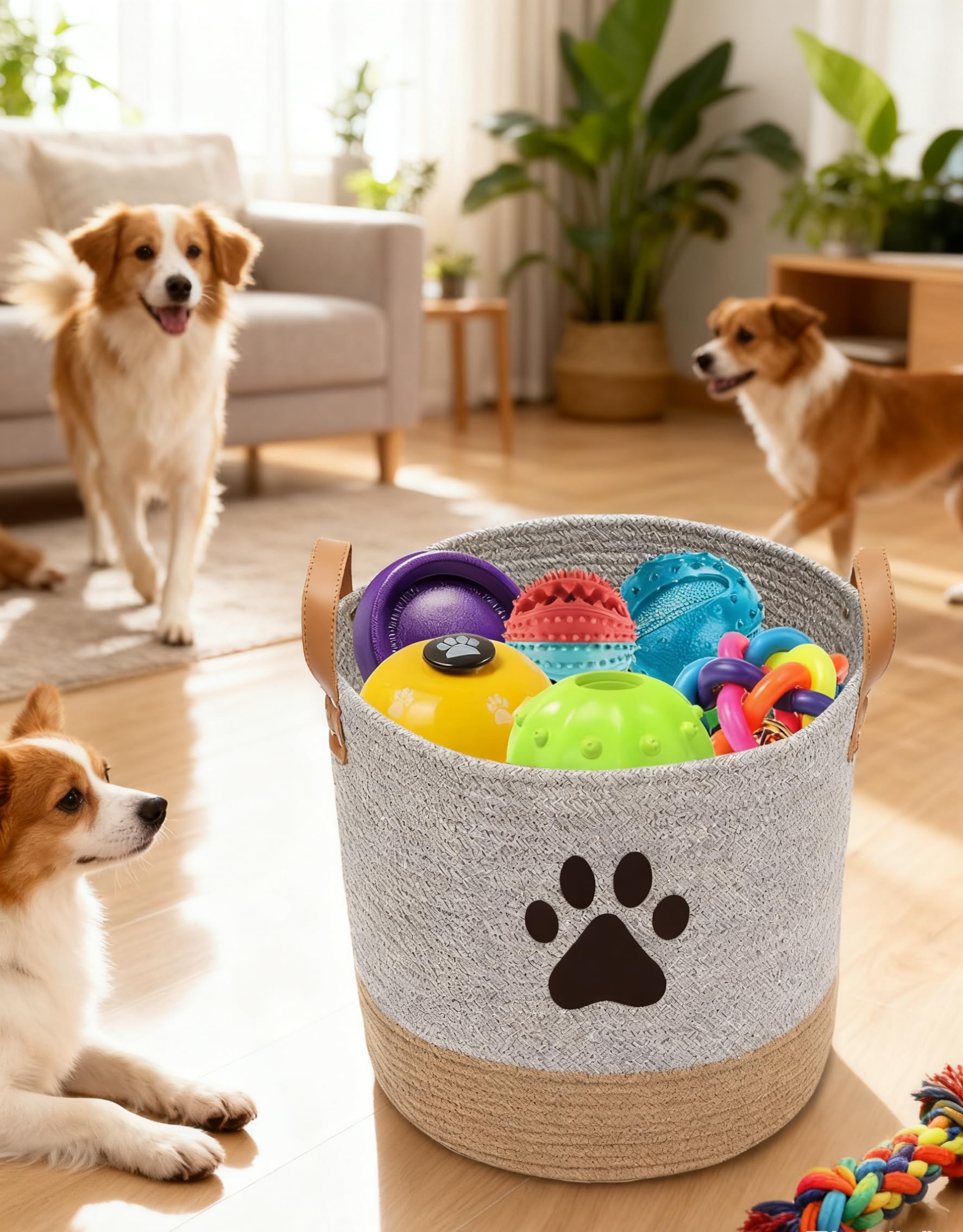 Brabtod basket used for blankets and grooming supplies in a living space.