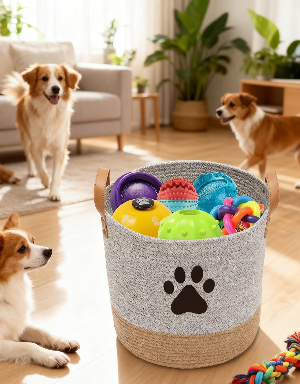 Brabtod basket used for blankets and grooming supplies in a living space.