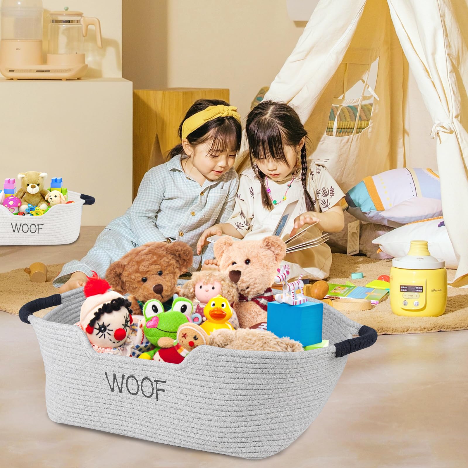 Brabtod dog toy bin stores collars and grooming supplies neatly.