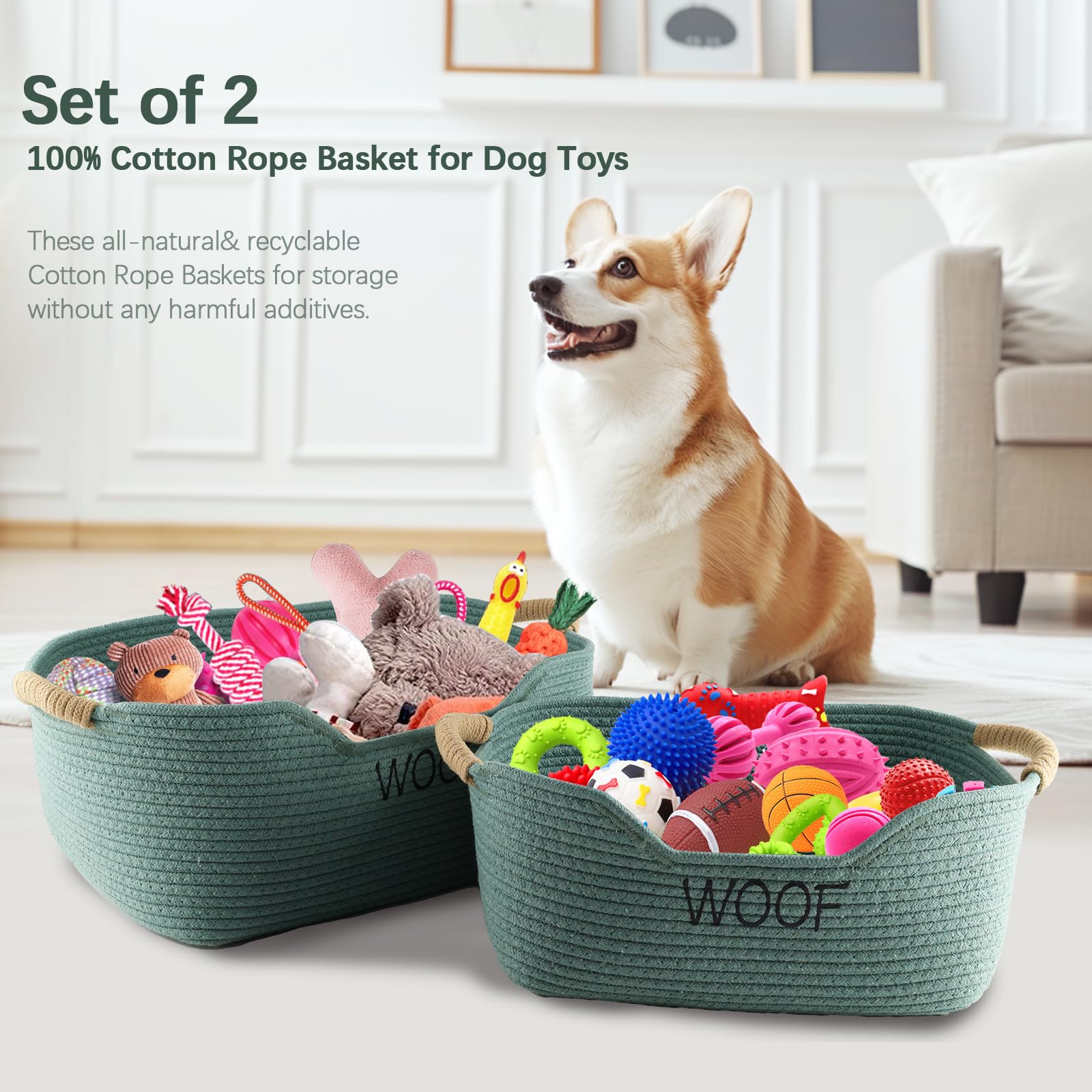 Brabtod dog toy bin with handles, reinforced stitching.