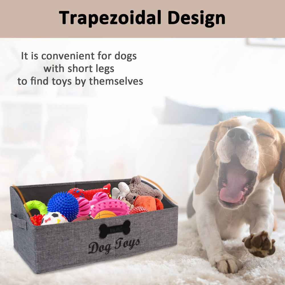 Brabtod dog toy bin in low perspective demonstrates space-saving organization.