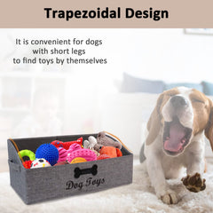 Brabtod dog toy bin in low perspective demonstrates space-saving organization.