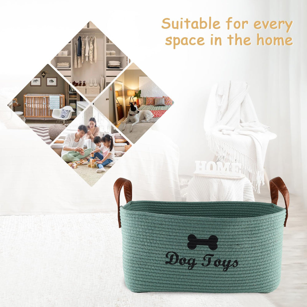 Brabtod dog toy storage basket in living room decor.