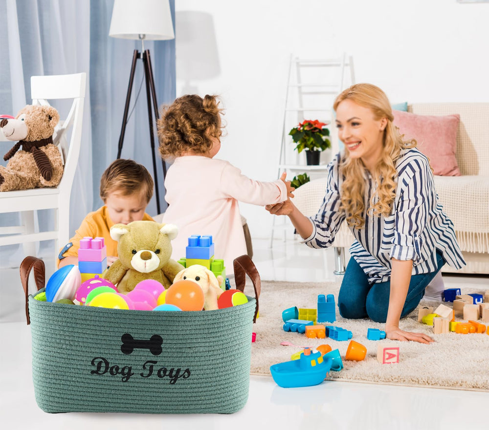 Brabtod-green dog toy basket open top for quick access.
