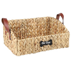 Brabtod trapezoid pet toy bin close-up reveals natural wicker texture and sturdy construction.