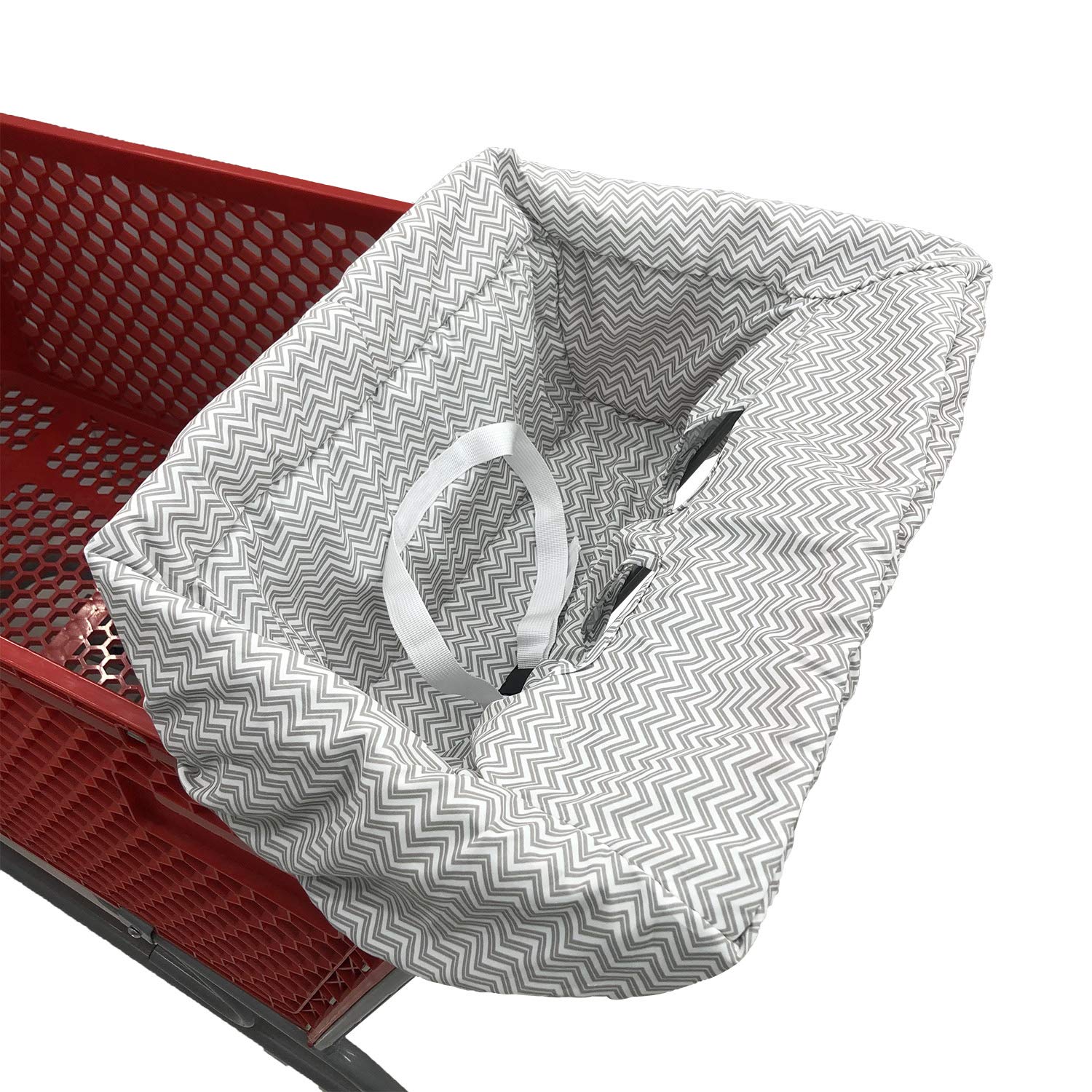Brain Architect Child gray chevron cart cover in use on a grocery cart for a comfy ride.