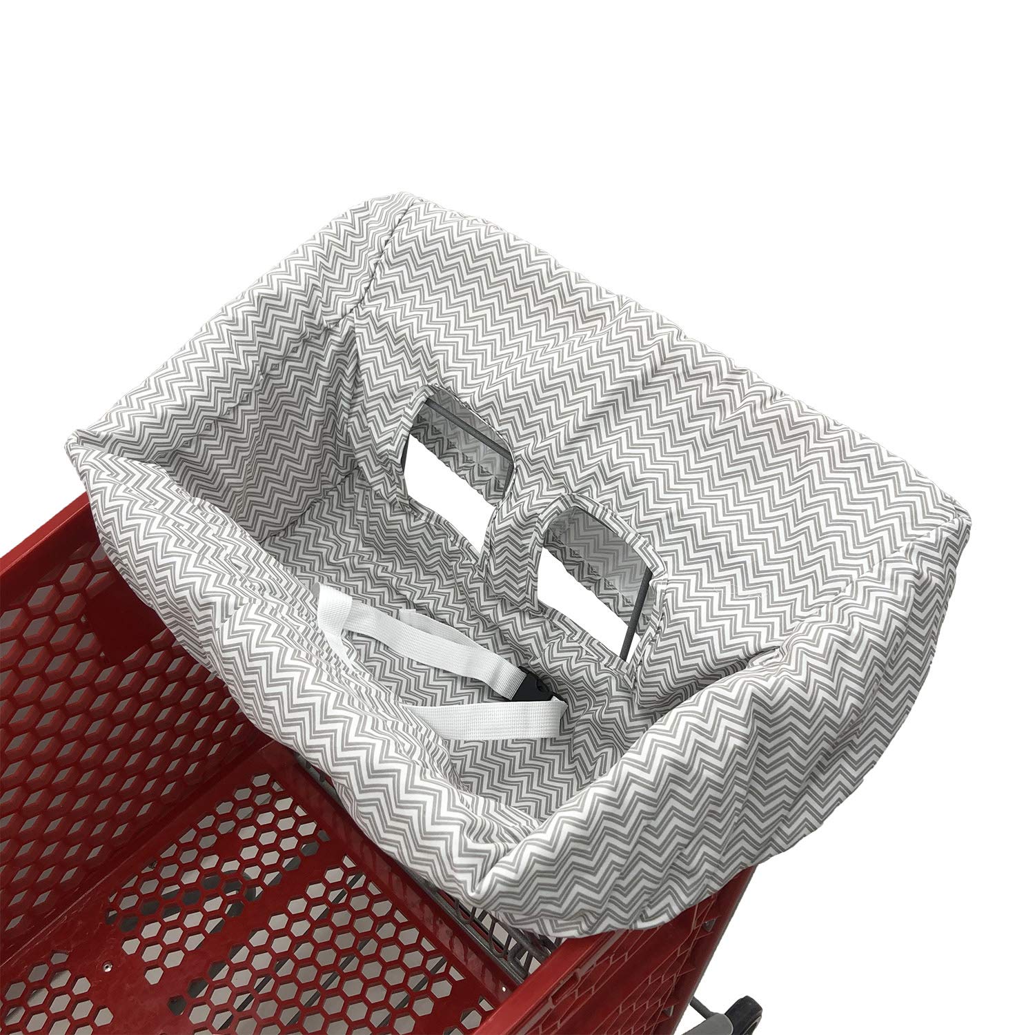 Brain Architect Child gray chevron high chair cover secured with belt for safe feeding.