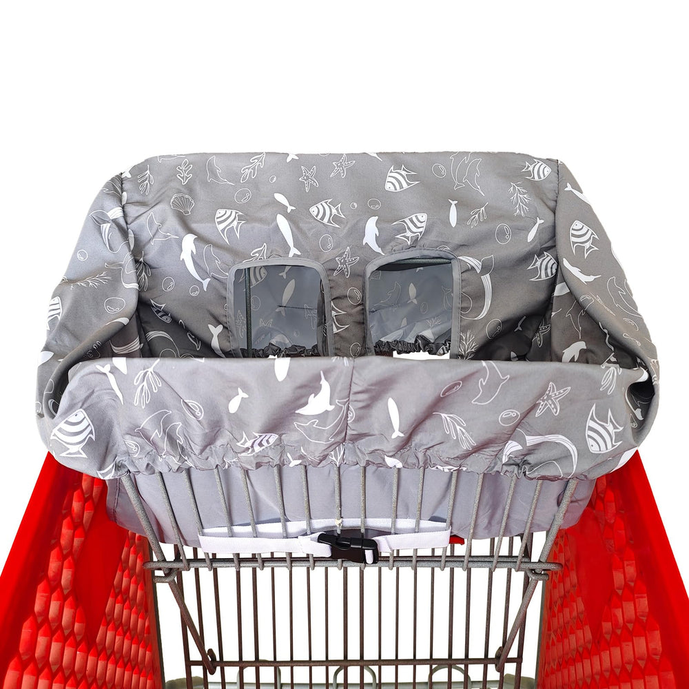Brain Architect Child gray Seaworld cart cover folded in the attachable carry bag for travel.