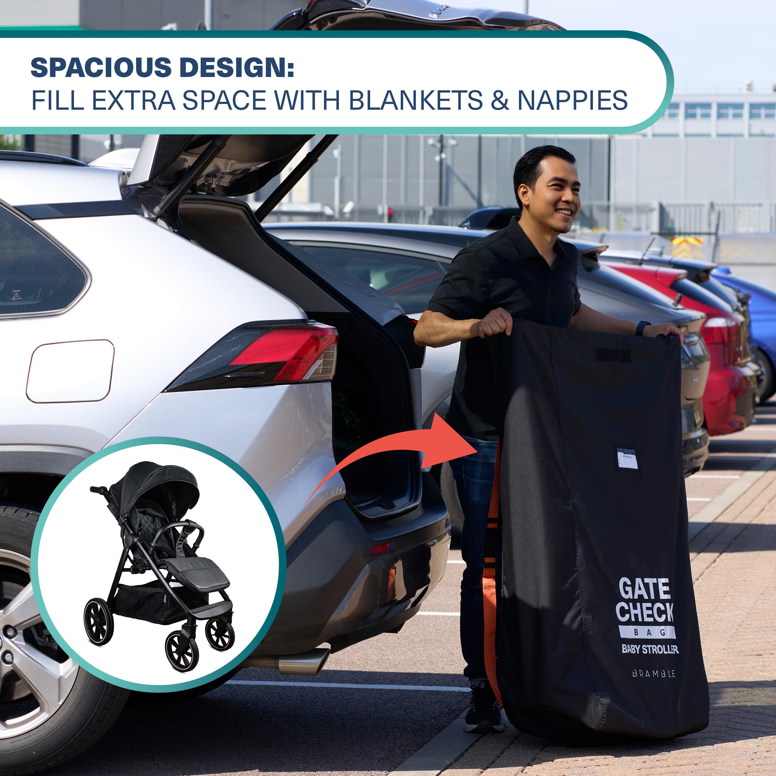 Bramble universal-fit stroller bag accommodates most brands for easier packing.