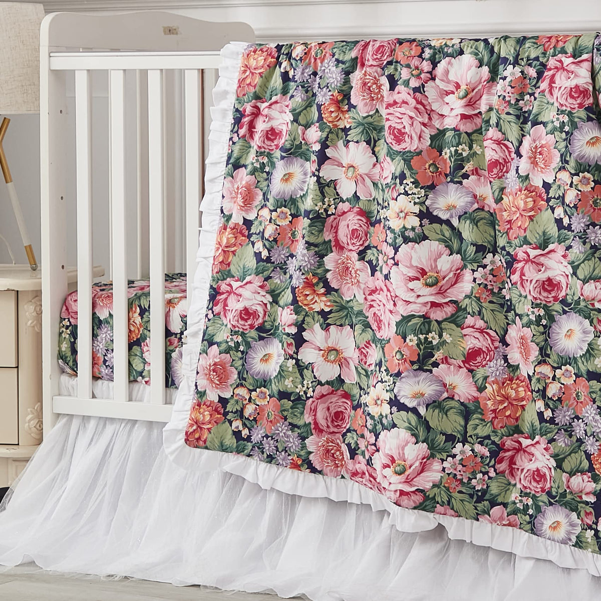 Brandream Baby Crib Bedding Floral Allure comforter close-up shows 100% cotton softness for gentle skin