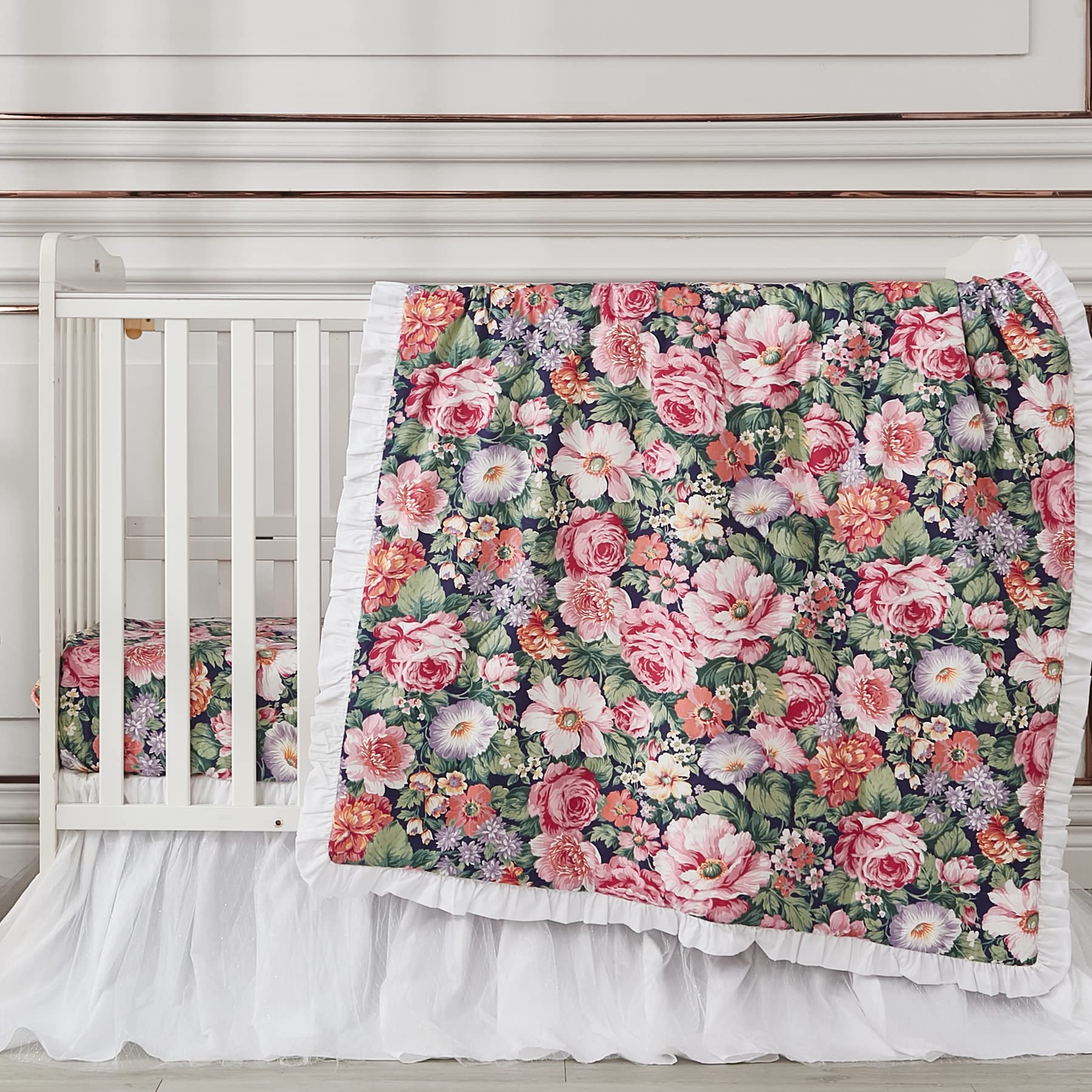 Brandream Baby Crib Bedding Floral Allure crib skirt close-up highlights double-layered design