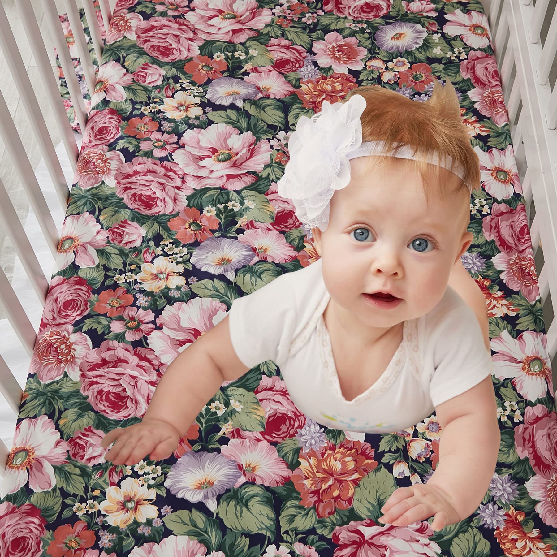 Brandream Baby Crib Bedding Floral Allure sheet close-up highlights breathable fabric and elastic edge