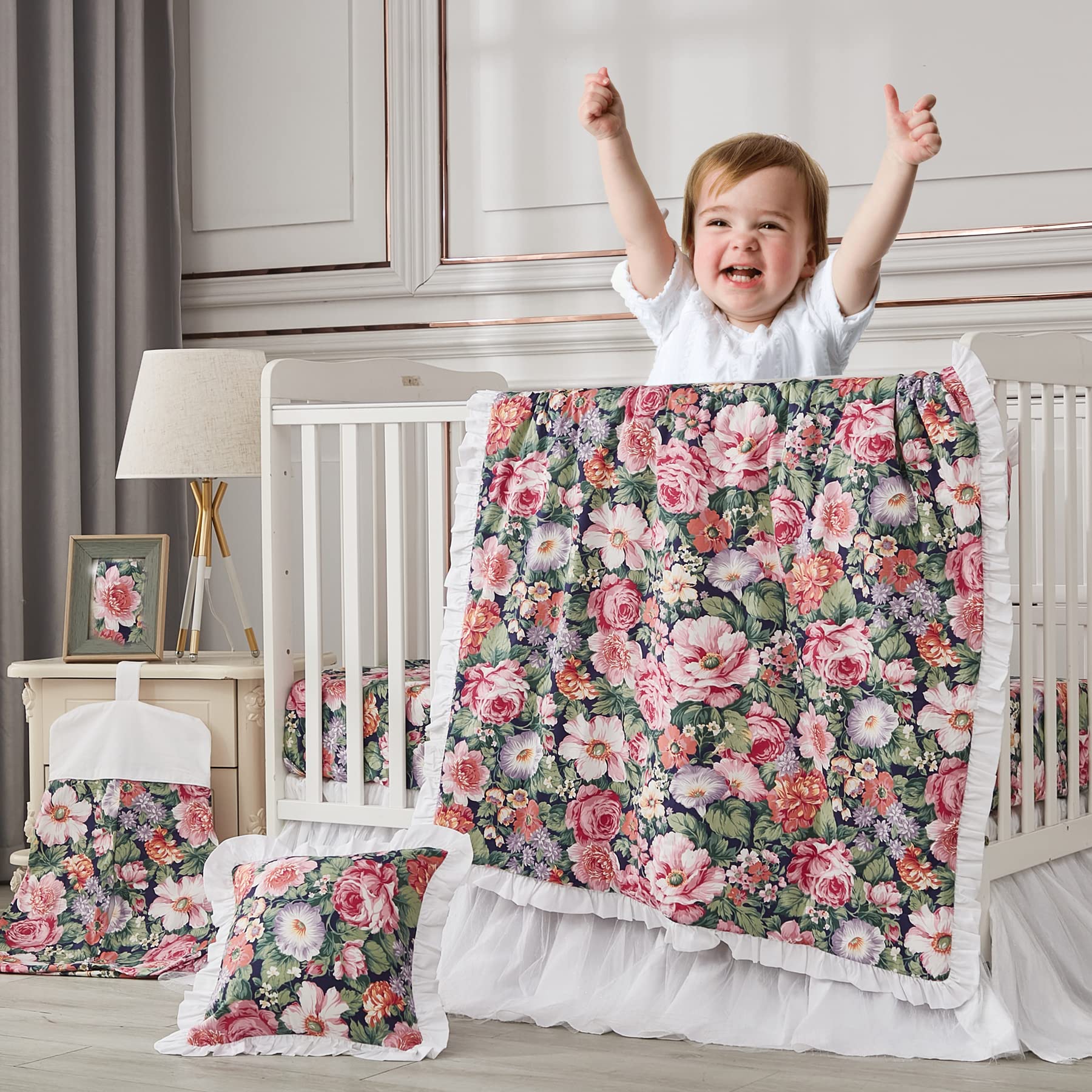 Brandream Baby Crib Bedding Floral Allure window valance close-up frames a chic, cohesive nursery look