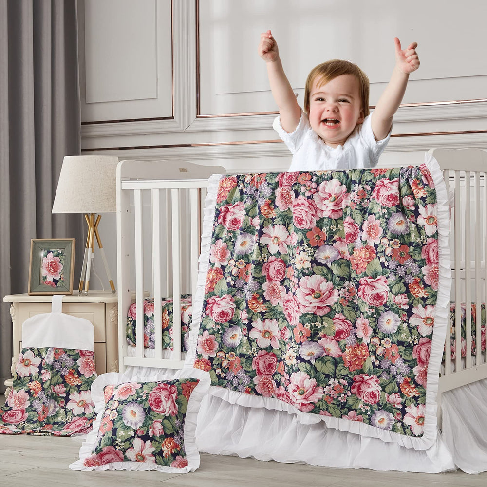 Brandream Baby Crib Bedding Floral Allure window valance close-up frames a chic, cohesive nursery look