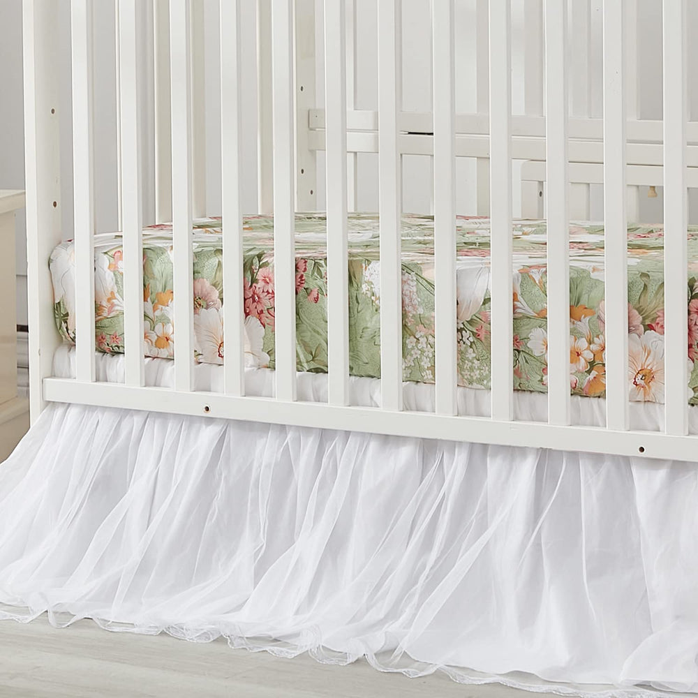 Brandream ballerina dust ruffle lines the crib perimeter for tidy, charming bedtime settings.