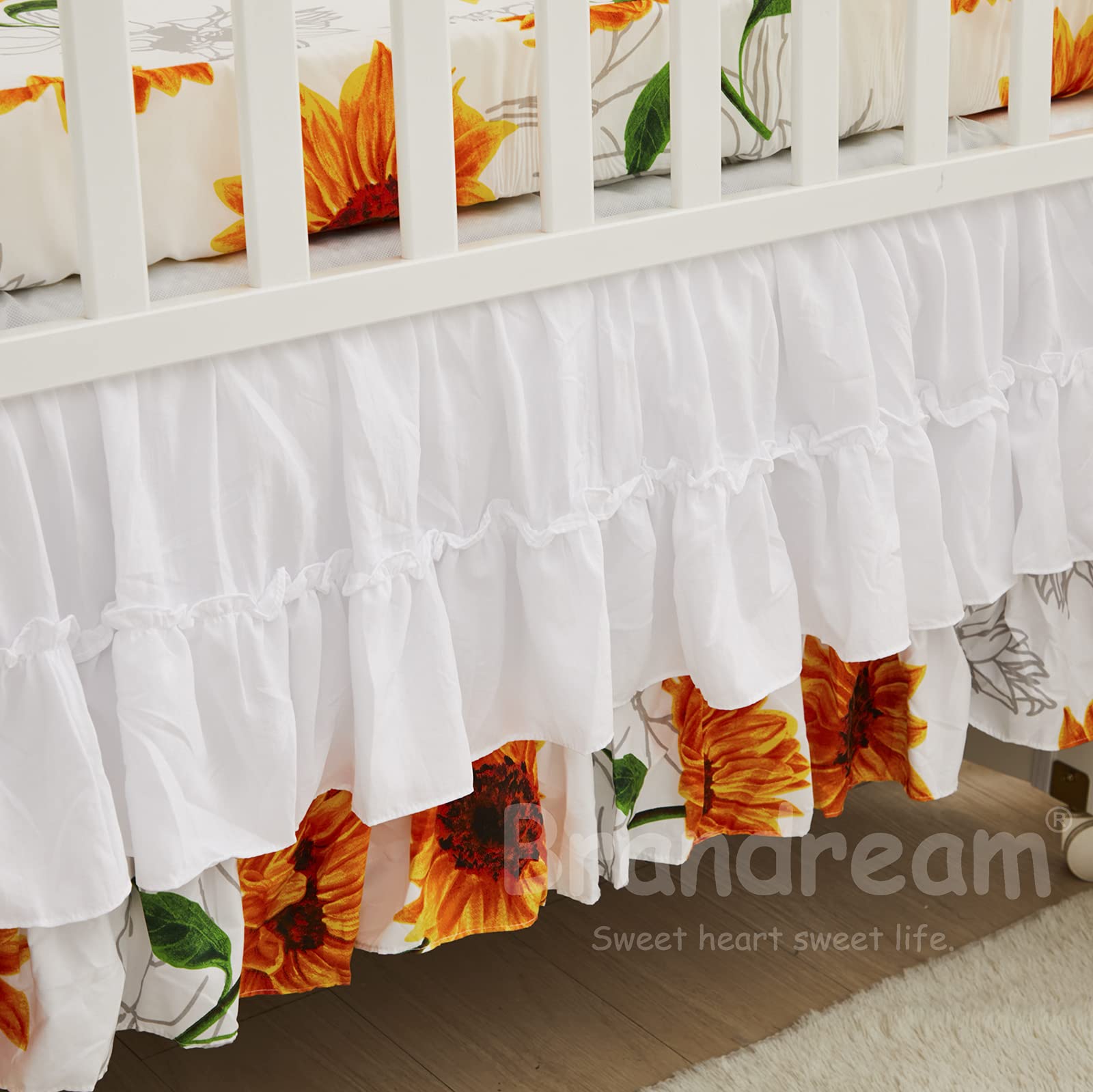 Brandream bed skirt with ruffle and 16-inch drop creates a charming nursery silhouette.