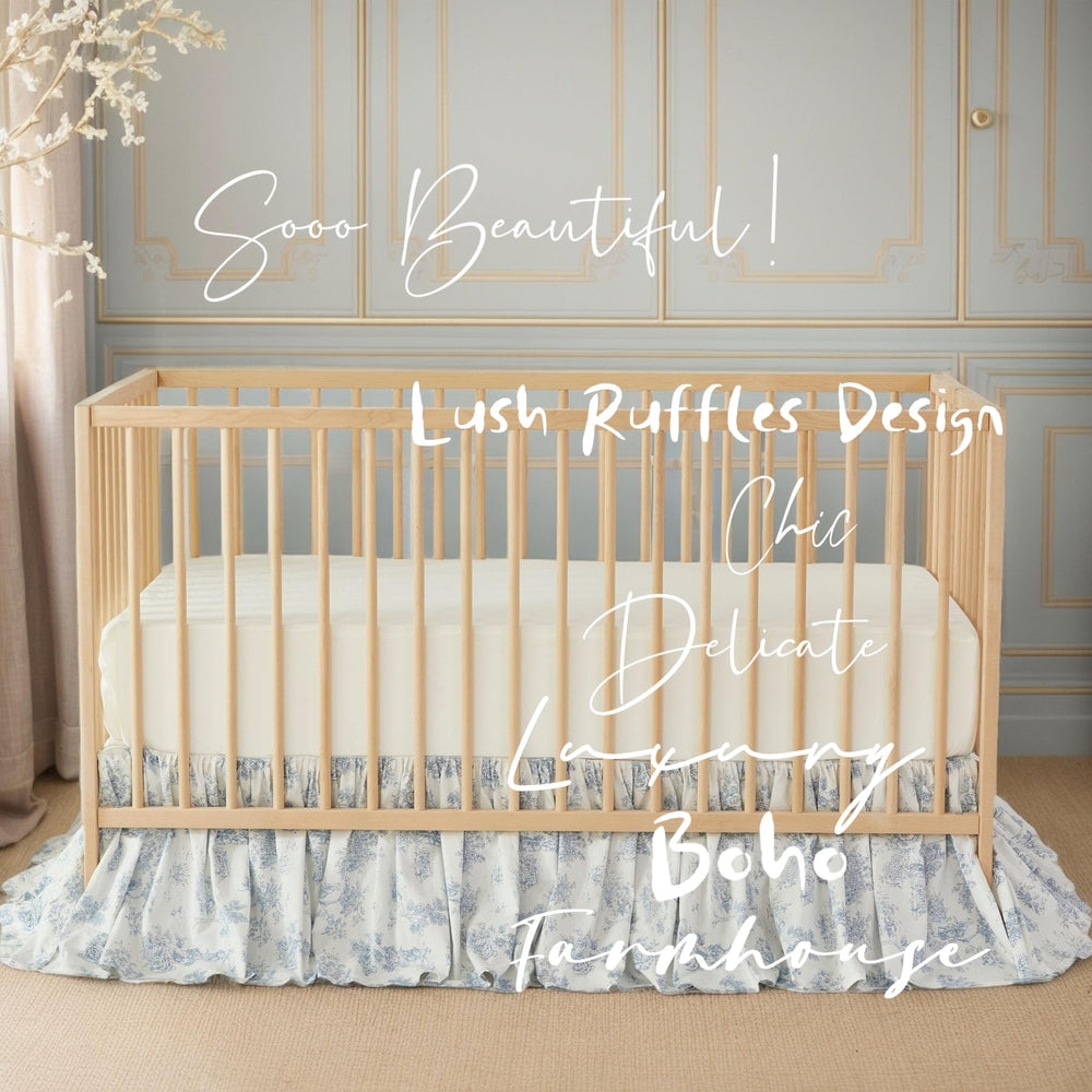 Brandream blue toile ruffled crib bed skirt coordinates with nursery decor.