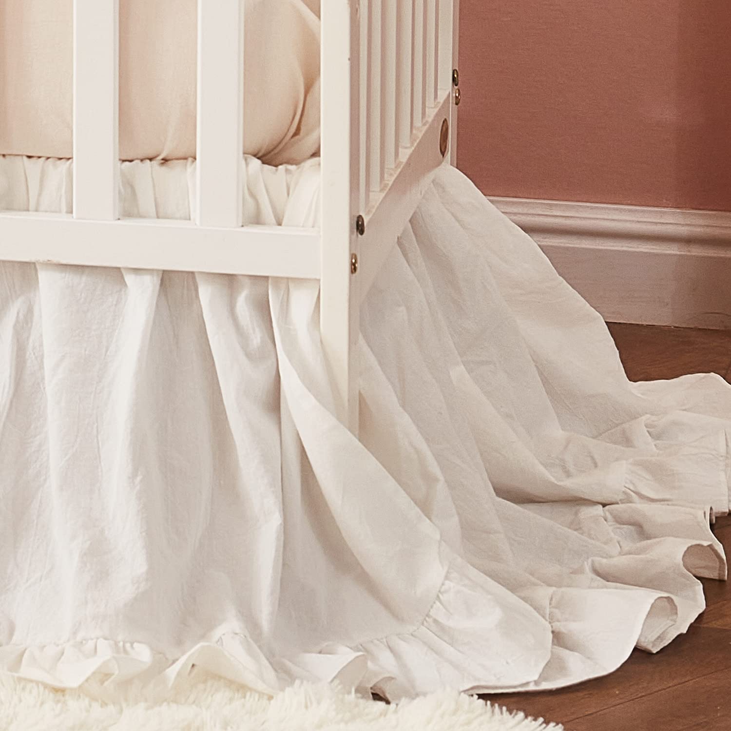 Brandream boho crib skirt beige close-up highlighting soft washed cotton texture for nursery elegance.