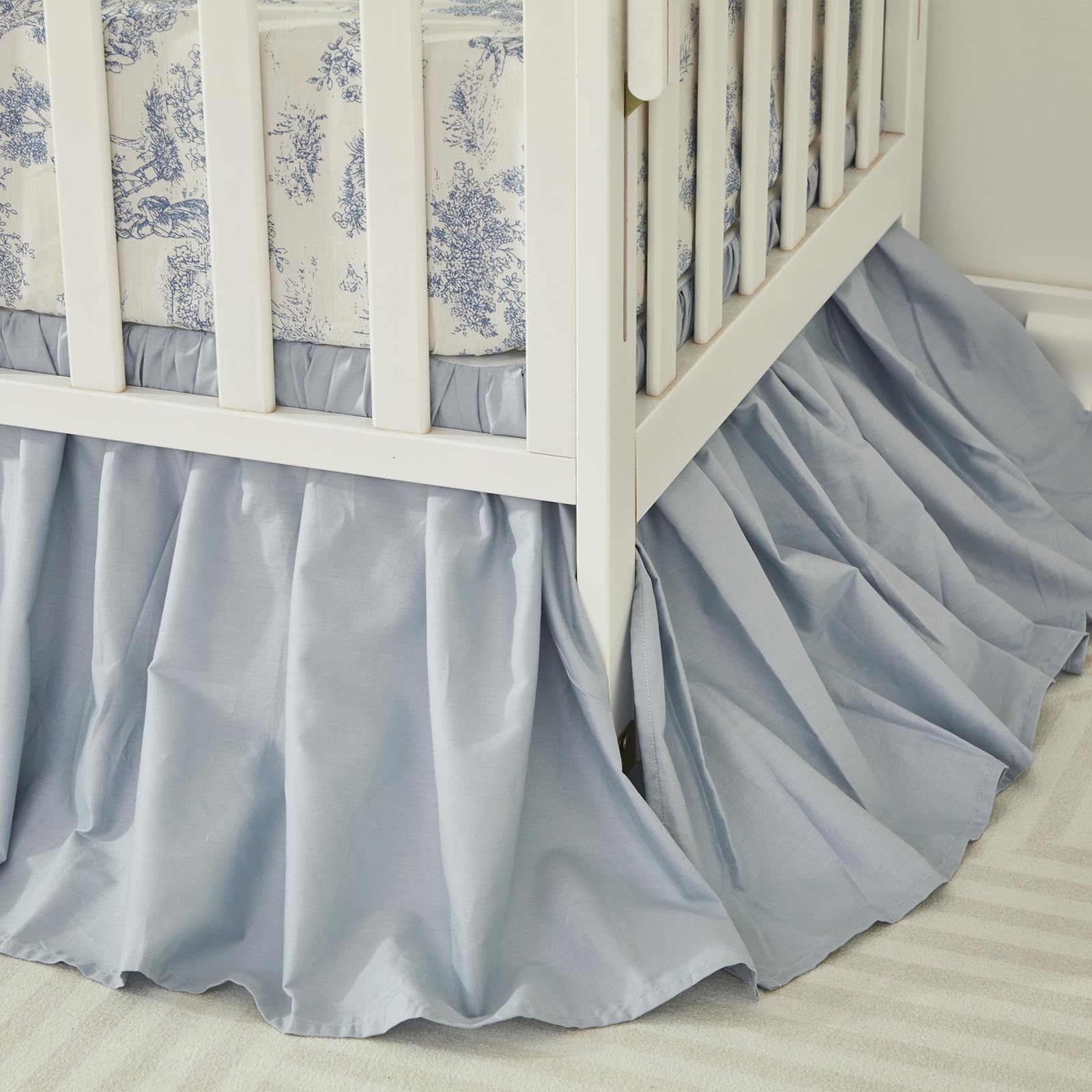 Brandream boho nursery crib skirt light blue, side view, shows neat 4-sided drop for tidy lines