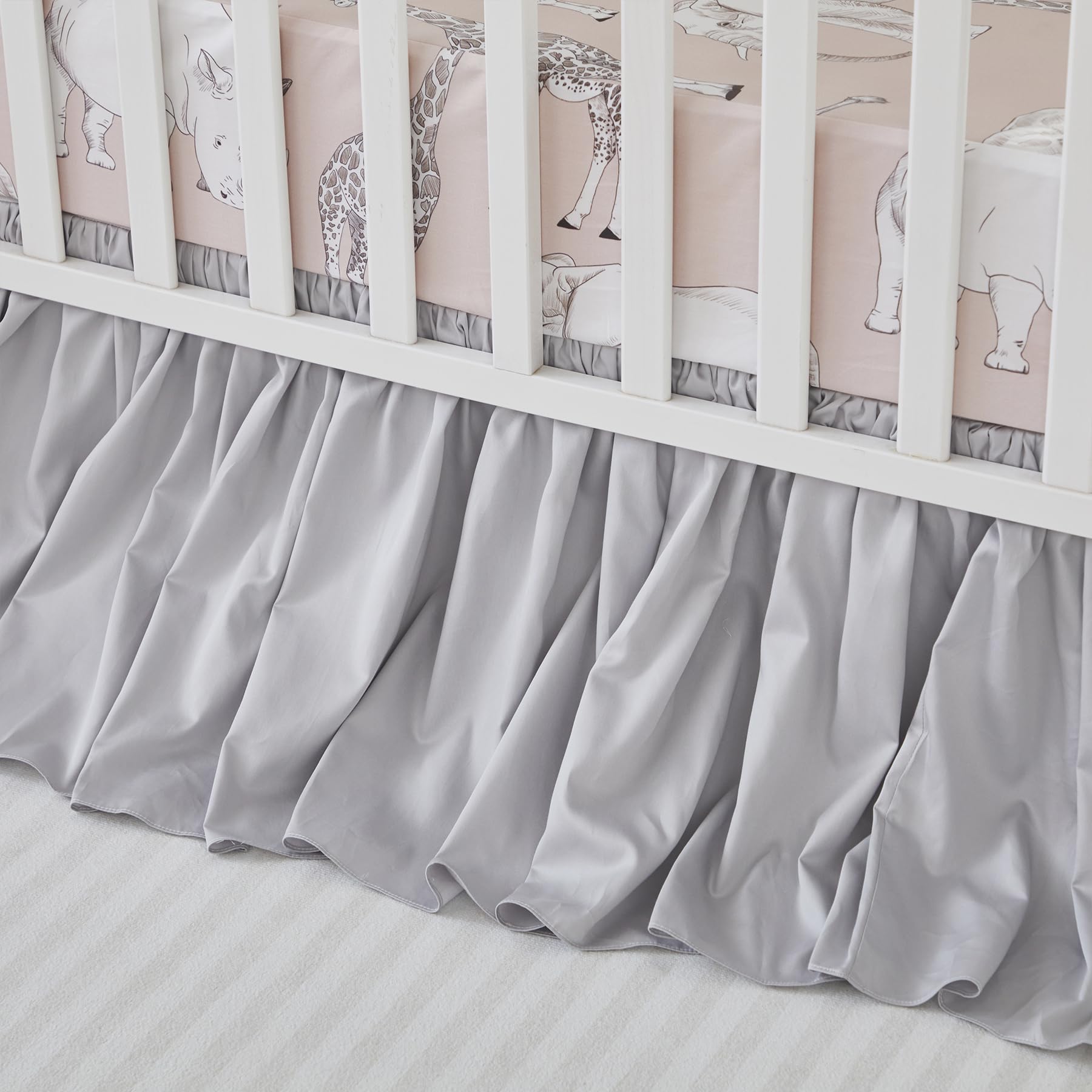 Brandream crib bed skirt gray Boho fabric closeup highlights soft cotton texture