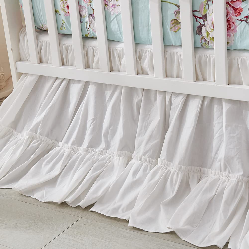 Brandream crib bed skirt in white Boho ruffle adds a tidy, stylish nursery look.
