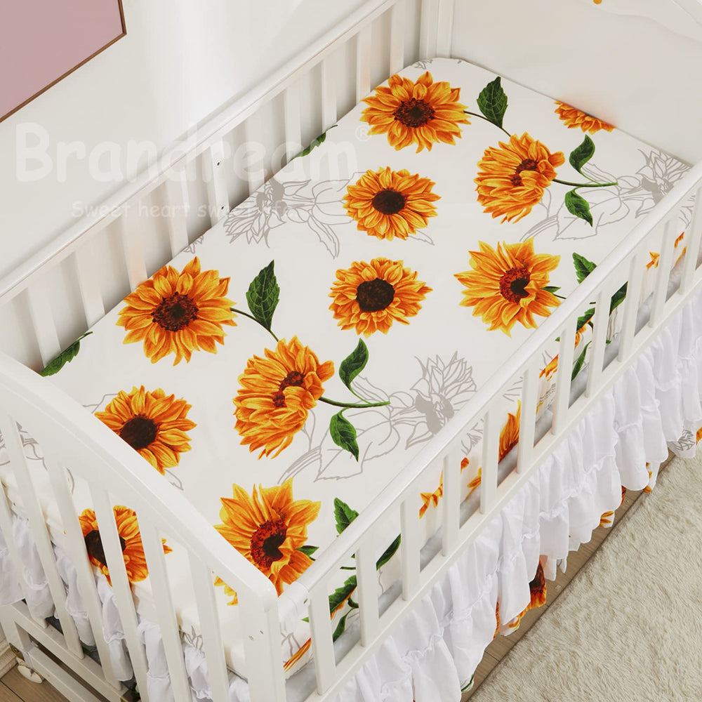 Brandream crib sheet sunflower yellow with 10-inch drop ensures a secure fit.