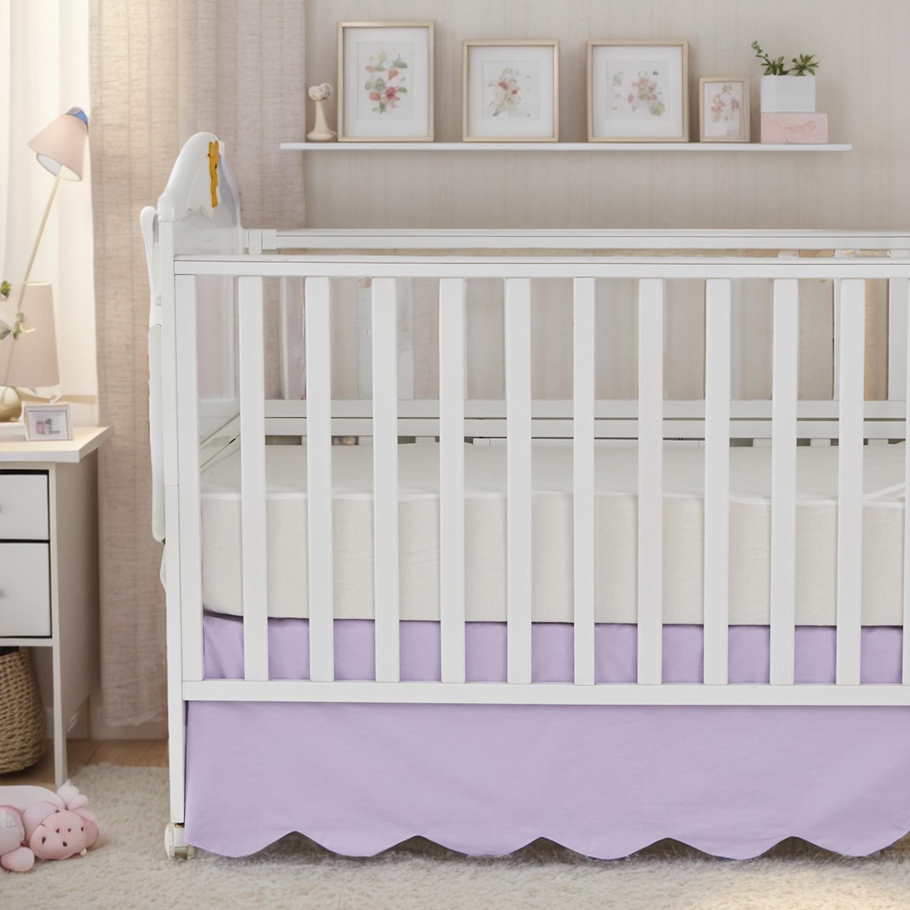 Brandream crib skirt drop 52in x 28in x 16in demonstrating a secure fit on standard cribs.