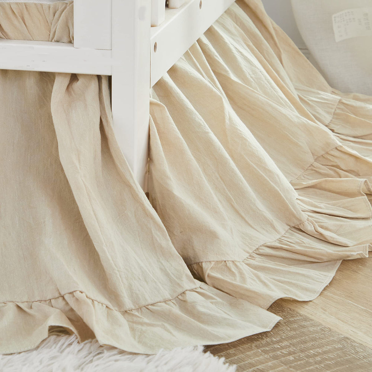 Brandream crib skirt beige dust ruffle close-up showing soft washed cotton texture and durability.