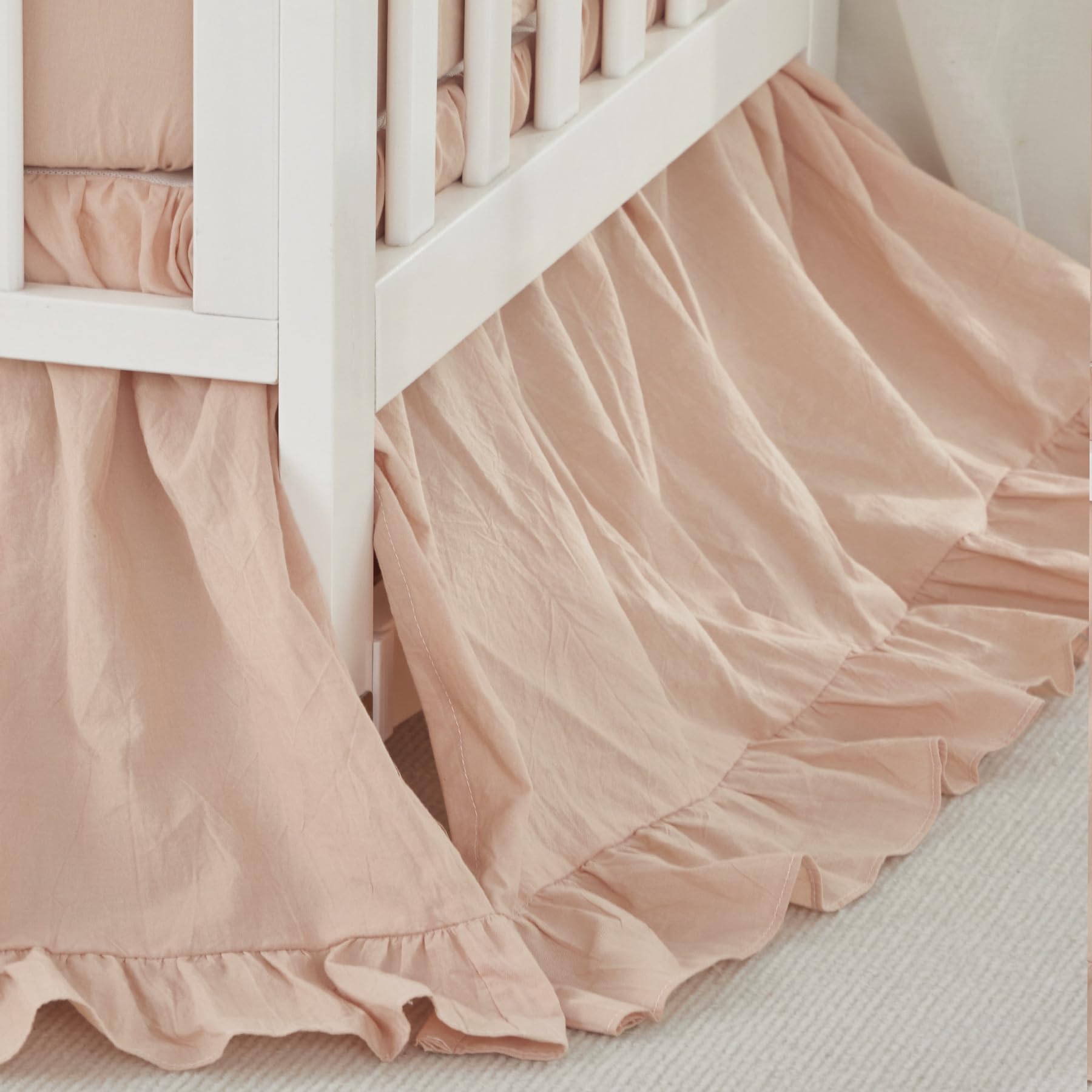 Brandream crib skirt blush close-up shows soft washed cotton texture for durable baby bedding.