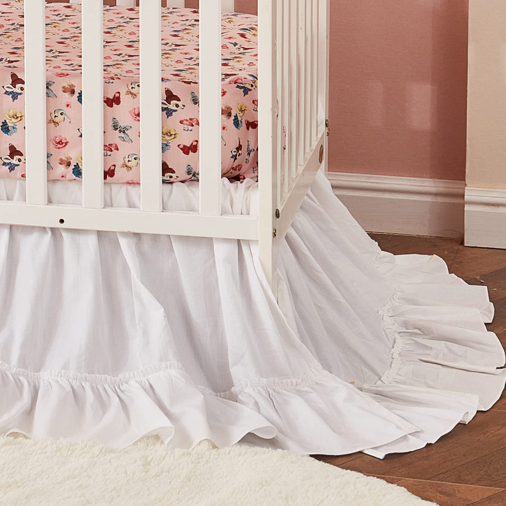 Brandream crib skirt flatlay shows 4-sided drop for standard crib fit.