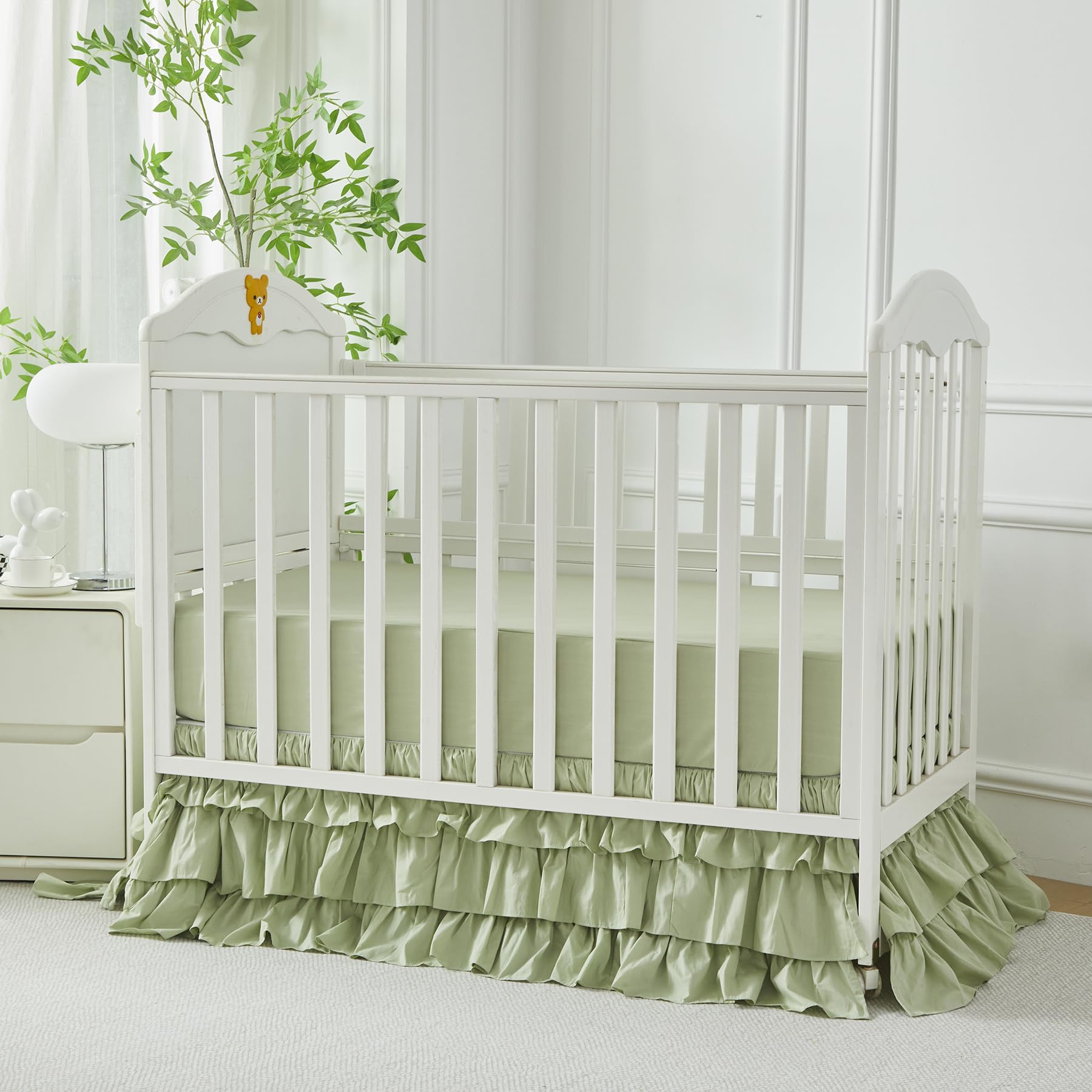 Brandream crib skirt with four sided ruffles enhances decor and hides under-crib storage.